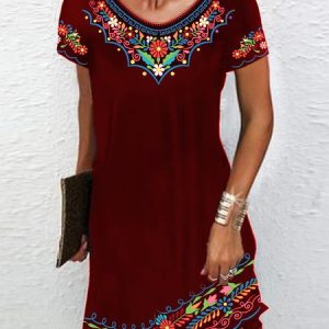 Women Ethnic Crew Neck Short Sleeve Comfy Casual Mini Dress, Dresses, color:Red|size:XXL, catalog Noracora shop