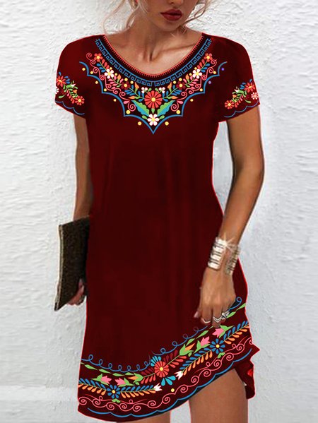 Women's Short Sleeve Summer Ethnic Jersey Dress Crew Neck Daily Going Out Casual Mini H-Line TUNIC, JustFashionNow Dresses, color:Red|size:XXL,