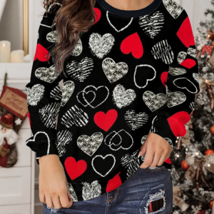 Heart Print Long Sleeve Crew Neck Sweatshirt, Hoodies&Sweatshirts, Lilicloth.com