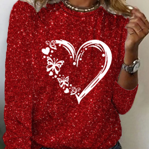 Women's Sequin Heart Valentine's Day Print Round Neck Long Sleeve T-Shirt, Long sleeves, Lilicloth.com