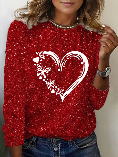 Women's Long Sleeve Tee T-shirt Spring/Fall Heart/Cordate Printing Crew Neck Casual Graphic Tee Top, JustFashionNow T-Shirts, color:Red|size:3XL,