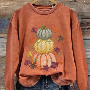 Women's Thanksgiving Autumn Leaves Pumpkin Print Crew Neck Sweatshirt, Hoodies&Sweatshirts, Lilicloth.com