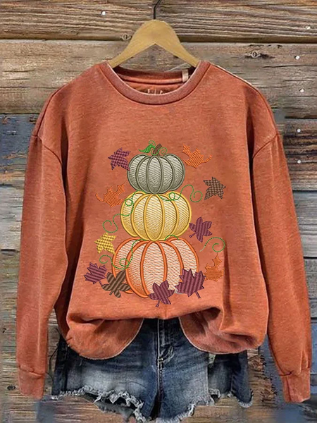 Women's Thanksgiving Autumn Leaves Pumpkin Print Crew Neck Sweatshirt, Hoodies&Sweatshirts, Lilicloth.com