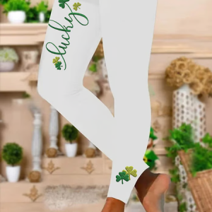 Women's Casual Text Letters Jersey St. Patrick's Day Floral Long Leggings, JustFashionNow Leggings, color:White|size:XXL,