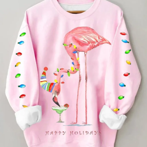 Women's Christmas Flamingo Print Crew Neck Sweatshirt, Hoodies&Sweatshirts, Lilicloth.com