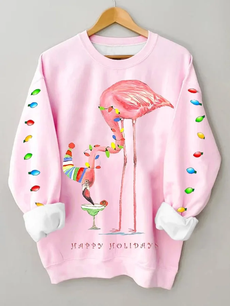 Women's Christmas Flamingo Print Crew Neck Sweatshirt, Hoodies&Sweatshirts, Lilicloth.com