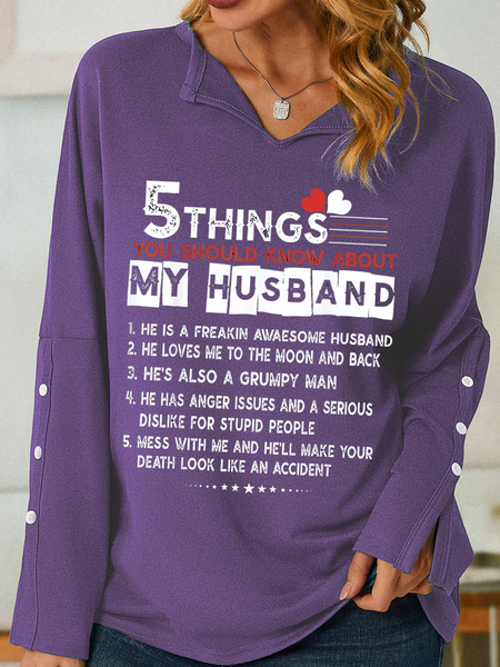 Women's Funny 5 things you should know about my Husband V Neck Simple Loose Sweatshirt, Hoodies&Sweatshirts, Lilicloth.com