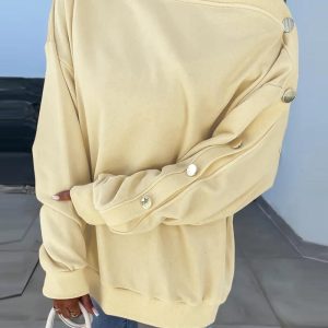 Skew Neck Buttoned Sweatshirt Casual Long Sleeve Pullover Tops Outfits, women Sweats & Hoodies, ChicMe catalog