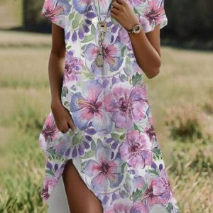 Women Floral Crew Neck Short Sleeve Comfy Casual Midi Dress, Dresses, color:Pink|size:XXL, catalog Noracora shop