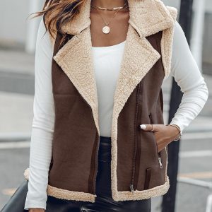 Pu Notched Collar Sleeveless Jacket Front Pocket Chain Fall and Winter Coat, women Jackets & Coats, ChicMe catalog