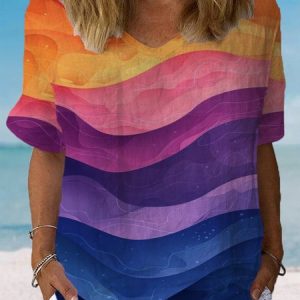 Women's Short Sleeve Blouse Summer Ombre Cotton Crew Neck Daily Going Out Casual Top, JustFashionNow Blouses, color:Purple|size:XXL,
