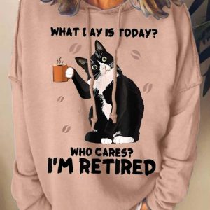 Women I’m Retired Black Cat Coffee Casual Sweatshirt, Hoodies&Sweatshirts, Lilicloth.com