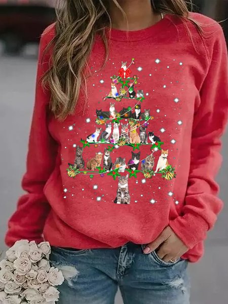 Women's Funny Cats Christmas Tree Casual Sweatshirt, Hoodies&Sweatshirts, Lilicloth.com