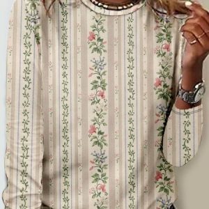 Women's Long Sleeve Tee T-shirt Spring/Fall Striped Jersey Crew Neck Daily Going Out Casual Top, JustFashionNow T-Shirts, color:Apricot|size:5XL,