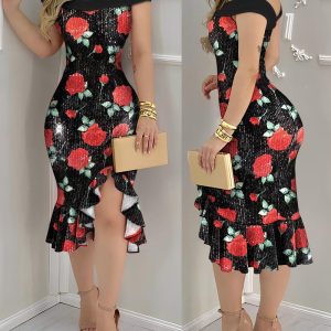 Floral Pattern Contrast Sequin Off Shoulder Bodycon Dress Sleeveless Ruffles Slit Party Midi Dress, women Party Dresses, ChicMe catalog