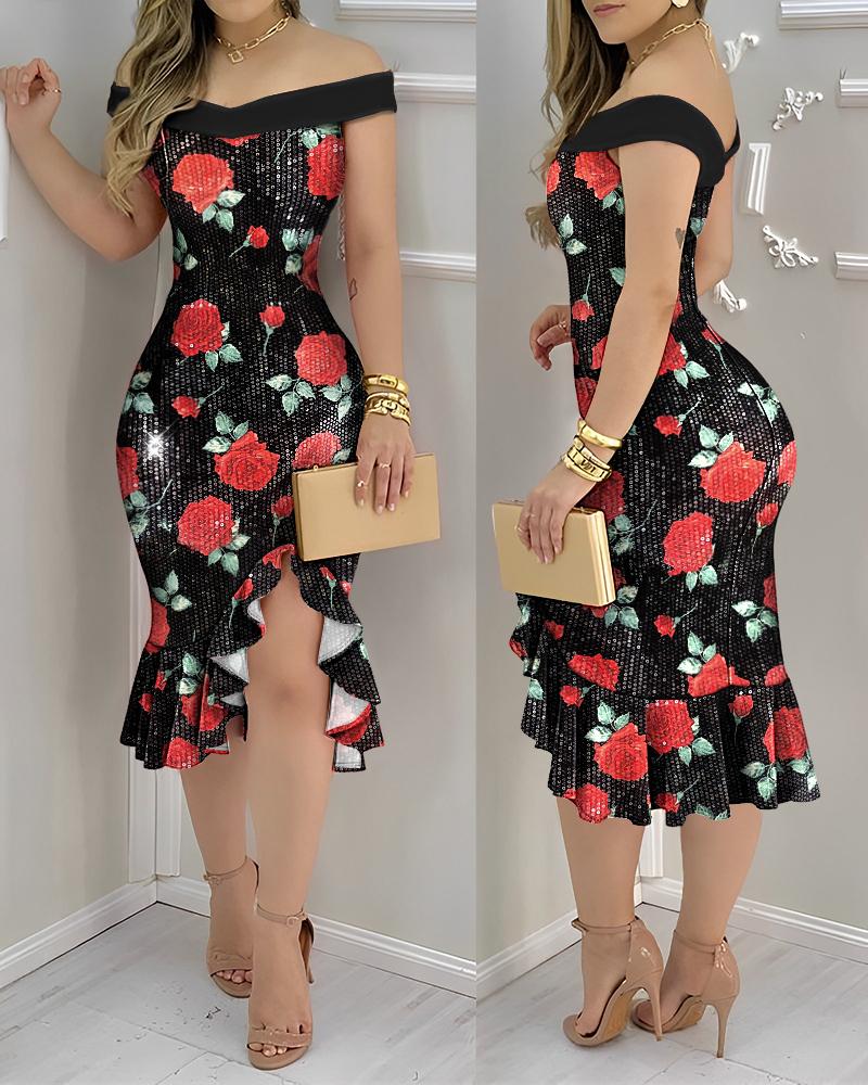 Floral Pattern Contrast Sequin Off Shoulder Bodycon Dress Sleeveless Ruffles Slit Party Midi Dress, women Party Dresses, ChicMe catalog
