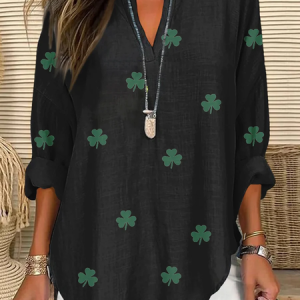 St. Patrick's Day V Neck Long Sleeve Shamrock Regular Loose Shirt For Women, Shirts, color:Black|size:5XL, catalog Noracora shop