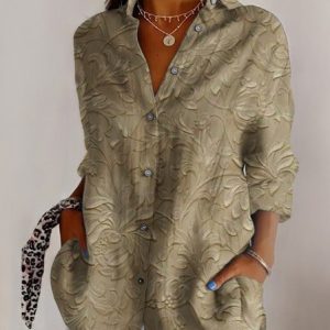 Women's Long Sleeve Shirt Spring/Fall Geometric Shirt Collar Daily Going Out Casual Top, JustFashionNow Blouses, color:Khaki|size:5XL,