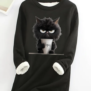 Women's Funny Cat Nope Casual Fluff Fleece Fabric Sweatshirt, Hoodies&Sweatshirts, Lilicloth.com