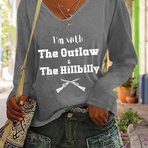 I’M With The Outlaw And The Hillbilly Print Casual V-Neck Long Sleeve Shirt, Long sleeves, Lilicloth.com