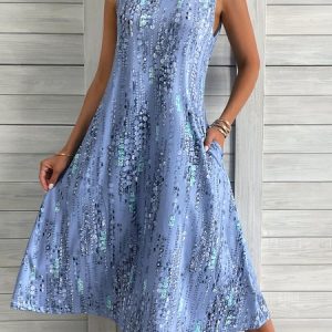 Floral Vacation Crew Neck Sleeveless Short Dress, Short, color:Blue|size:XXL, catalog Noracora shop