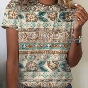 Women's Short Sleeve Tee T-shirt Summer Ethnic Crew Neck Casual Top, JustFashionNow T-Shirts, color:Apricot|size:XXL