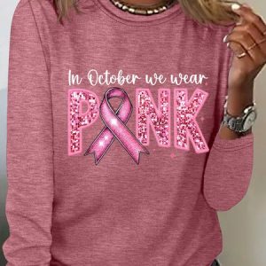 In October We Wear Pink Embroidery Breast Cancer Awareness Casual Long Sleeve Shirt, Long sleeves, Lilicloth.com