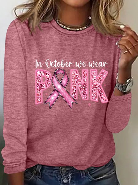 In October We Wear Pink Embroidery Breast Cancer Awareness Casual Long Sleeve Shirt, Long sleeves, Lilicloth.com