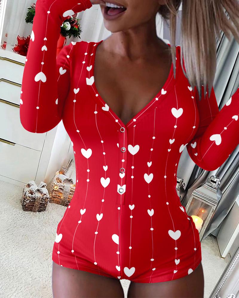 Heart Print V-Neck Long Sleeve Romper Sexy Button Front Slim Fit Onesie, women Pajama Rompers & Jumpsuits, ChicMe catalog