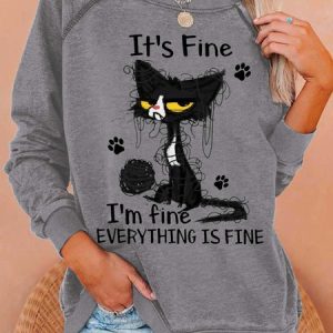 Women's Cat It’s Fine I’m Fine Everything Is Fine Crew Neck Casual Sweatshirt, Hoodies&Sweatshirts, Lilicloth.com
