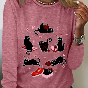 Black Cat Valentine’S Day Casual Long Sleeve Shirt, Long sleeves, Lilicloth.com