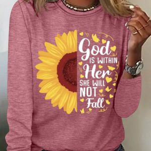Women‘s Sunflower God Is Within Her She Will Not Fall Long Sleeve T-Shirt, Long sleeves, Lilicloth.com