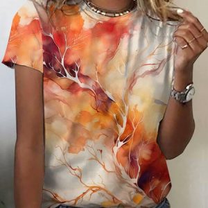 Women's Short Sleeve Tee T-shirt Summer Abstract Crew Neck Casual Top, JustFashionNow T-Shirts, color:Orange|size:XXL