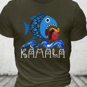 Blue Wave Big Fish Eats Small Fish Print Cotton T-shirt, T-shirts, Lilicloth.com