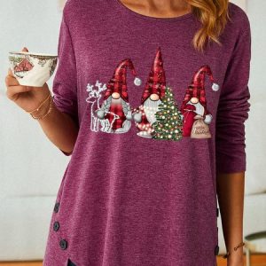 Women's Merry Christmas Gnome Funny Graphic Print Casual Crew Neck Long Sleeve Top, Long sleeves, Lilicloth.com