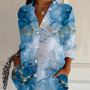 Women's Long Sleeve Shirt Spring/Fall Abstract Buckle Shirt Collar Daily Going Out Casual Top, JustFashionNow Shirts, color:Blue|size:XXL,