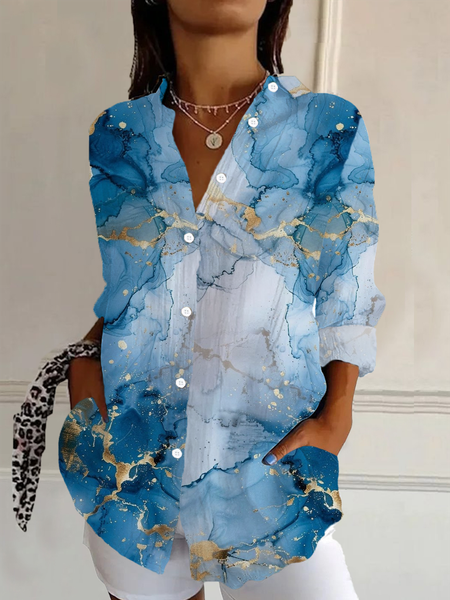 Women's Long Sleeve Shirt Spring/Fall Blue Abstract Buckle Shirt Collar Daily Going Out Casual Top, Blouses, Lilicloth.com