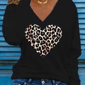 Women's Heart Leopard Print Valentine's Day Print V Neck Daily Casual Long Sleeve T-Shirt, Long sleeves, Lilicloth.com