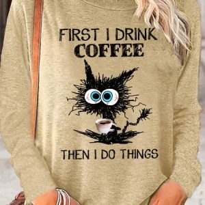Women's Funny Grumpy Cat Coffee Letter Crew Neck Casual Top, Long sleeves, Lilicloth.com