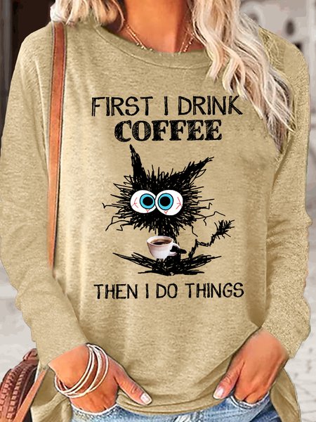 Women's Funny Grumpy Cat Coffee Letter Crew Neck Casual Top, Long sleeves, Lilicloth.com