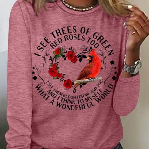 Women's Red Bird Letter Print Casual Crew Neck Top, Long sleeves, Lilicloth.com