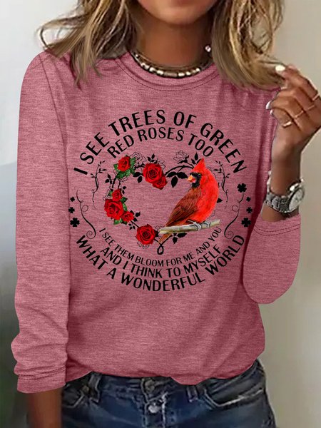 Women's Red Bird Letter Print Casual Crew Neck Top, Long sleeves, Lilicloth.com