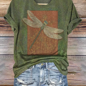 Casual Dragonfly Crew Neck Short Sleeve T-shirt, T-shirts, color:Green|size:XXL, catalog Noracora shop