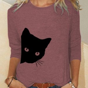 Cat Casual Abstract Tops, Long sleeves, Lilicloth.com
