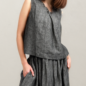 STYLE WE x CHILLINEN |V Neck Linen Loose Cotton And Linen Tank Top, Tanks and Camis, color:Black-grey|size:XXL, Stylewe