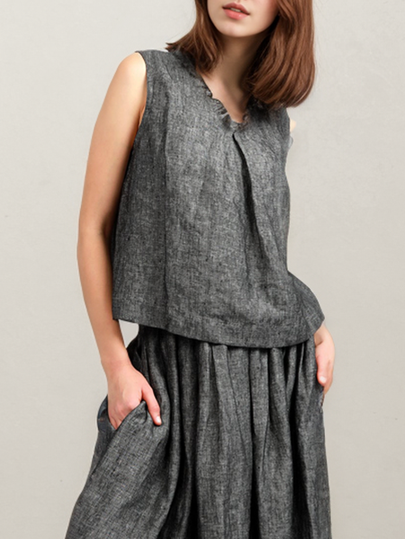 STYLE WE x CHILLINEN |V Neck Linen Loose Cotton And Linen Tank Top, Tanks and Camis, color:Black-grey|size:XXL, Stylewe