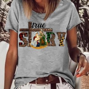 Women's True Story Birth Of Jesus Graphics Print Casual Crew Neck T-Shirt, T-shirts, Lilicloth.com