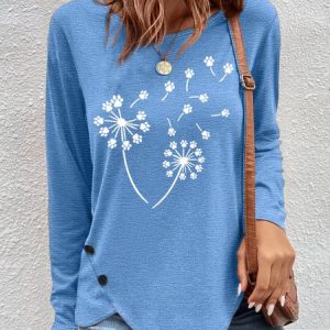 Women's Dandelion Paw Print Crew Neck Casual Letters Top, Long sleeves, Lilicloth.com