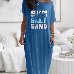 Letter Pattern Cold Shoulder Short Sleeve Maxi Dress Casual Pocket Design Loose Fit Dress, women Casual Dresses, ChicMe catalog
