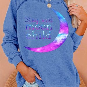 Womens Stay Wild Moon Child Print Crew Neck Sweatshirt, Hoodies&Sweatshirts, Lilicloth.com